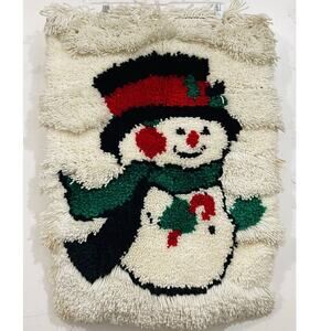 Vintage Christmas Latch Hook Completed Wall Hanging Banner Happy Snow man Snoman